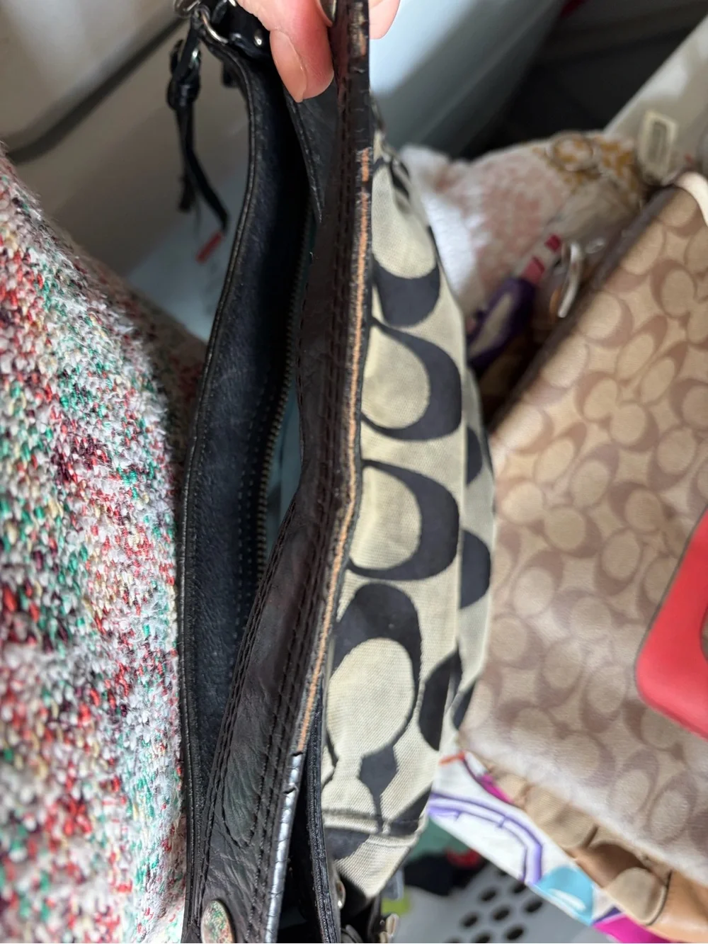 Coach Large Signature Canvas & Black Leather Hobo